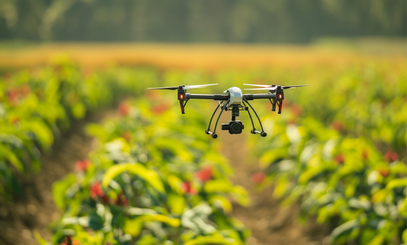 A drone hovering over a crop.