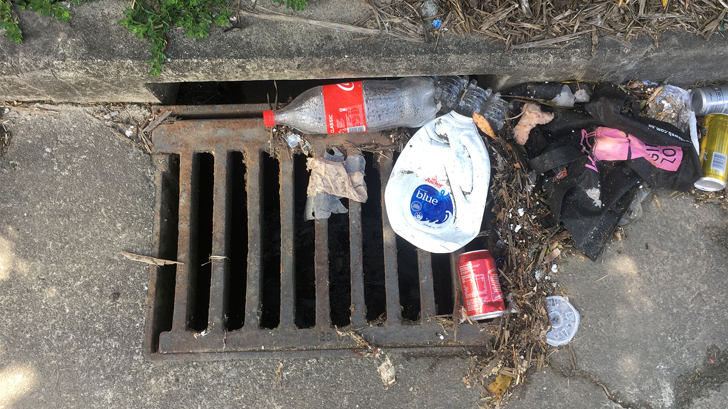 Plastic soft drink and milk bottles, cans and other litter on a grate in the gutter.