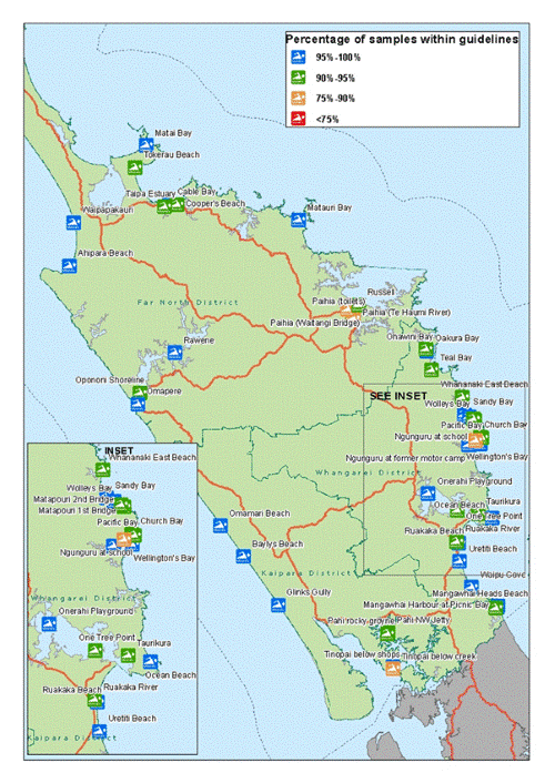 Description: Figure 79: Coastal bathing sites monitored between 2007/08 and 2011/12, and how their faecal indicator bacteria levels compare with the swimming/contact recreation guidelines.