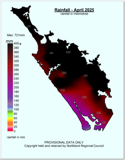 Fig 1 April rainfall distribution for Northland in mm