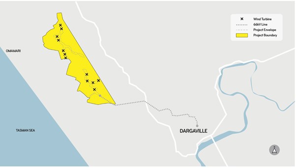 A diagram showing the wind turbine project boundary near Dargaville in Northland.