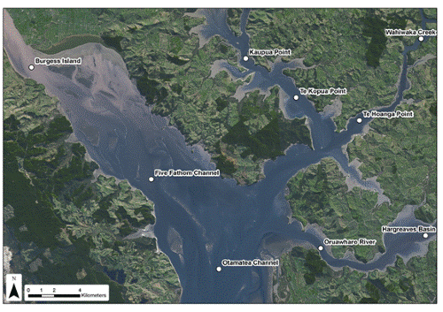 Description: Figure 84: Kaipara Harbour water quality monitoring sites 2009-2011.