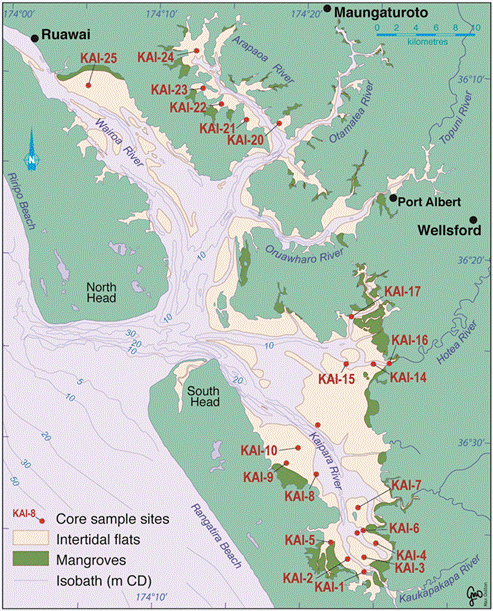 Description: Figure 92: Location of core sites in Kaipara Harbour 2010.