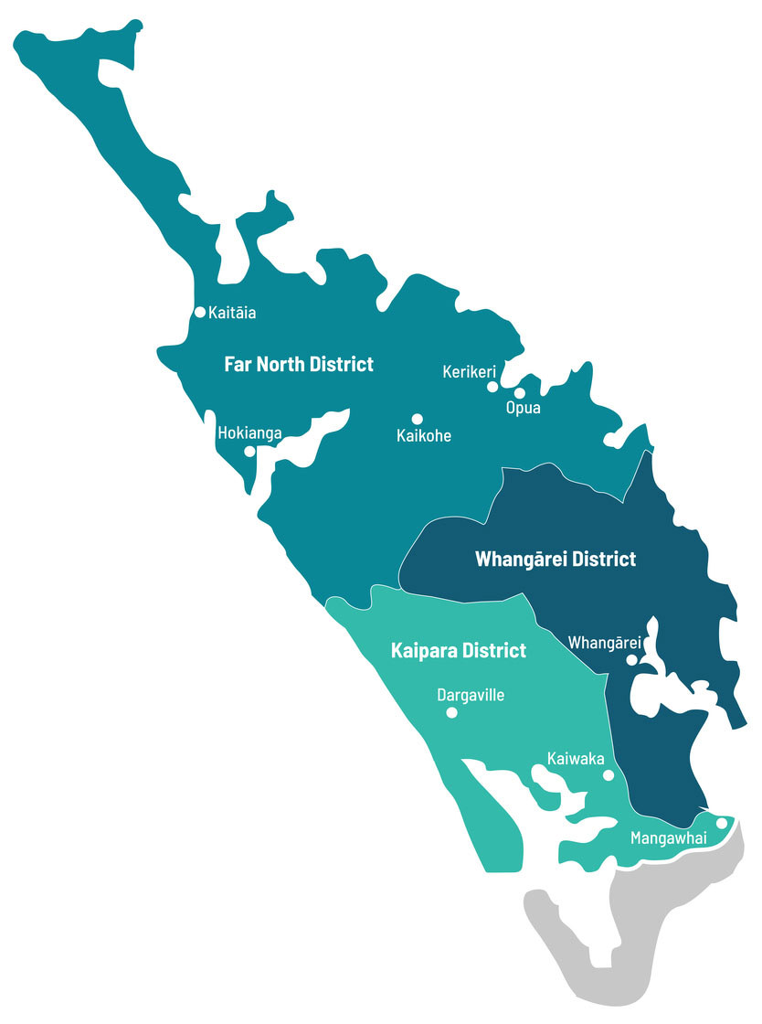 Map of Northland showing boundaries of the three districts.