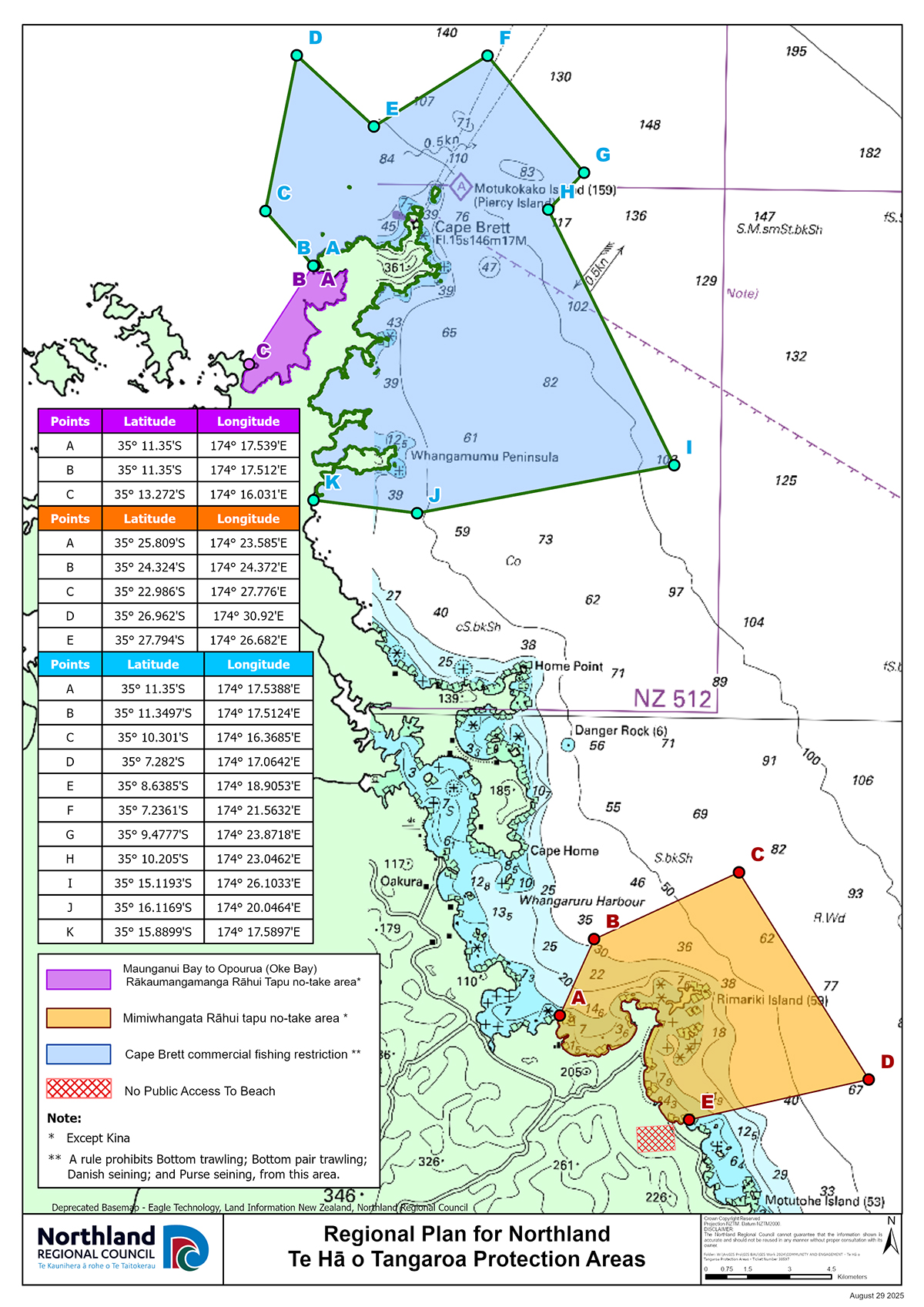 Open a PDF version of the latitude and longitude Te Hā o Tangaroa Protection Area map.
