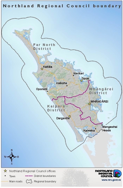 Figure 9: Administrative boundaries of Northland and key features.