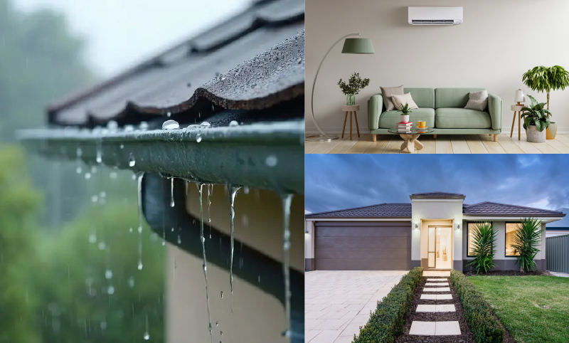 Montage of house exterior with rain, path and garden and interior lounge.