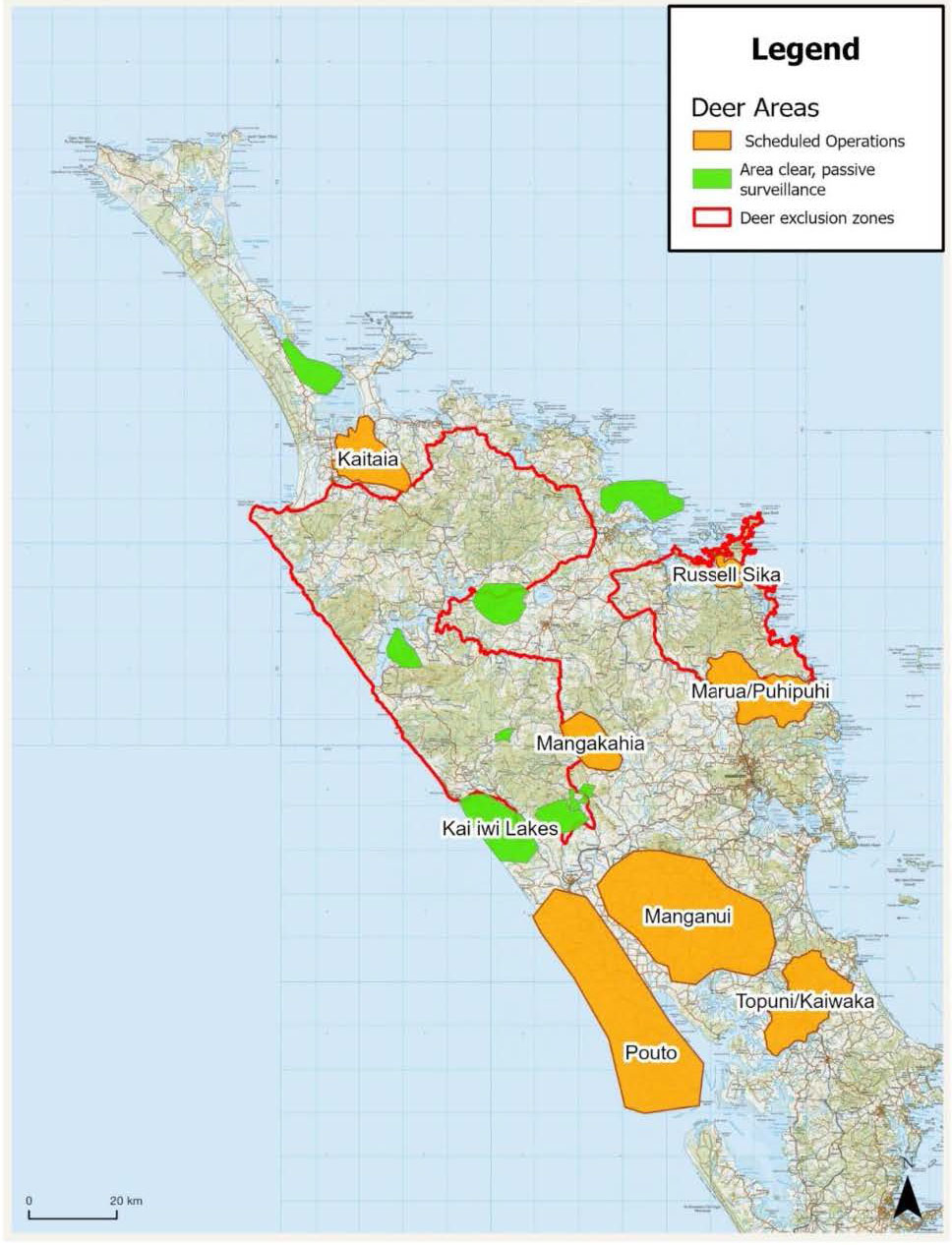 Map of Northland displaying areas of Scheduled Operations, Areas clear, passive surveillance and Deer exclusion zones.